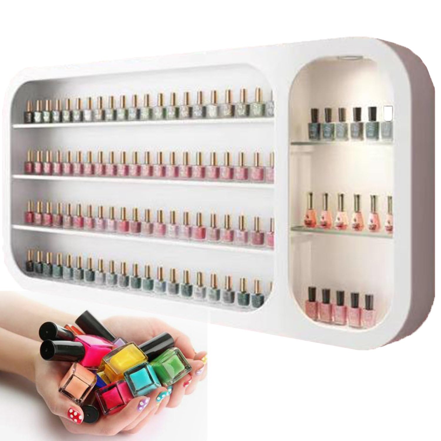 Mobiletto Espositore per Smalto A Parete, Scaffale per Smalto in Legno Bianco con Luce A LED, Organizer per Smalto A Parete in Legno Bianco Ectangle 0.8m