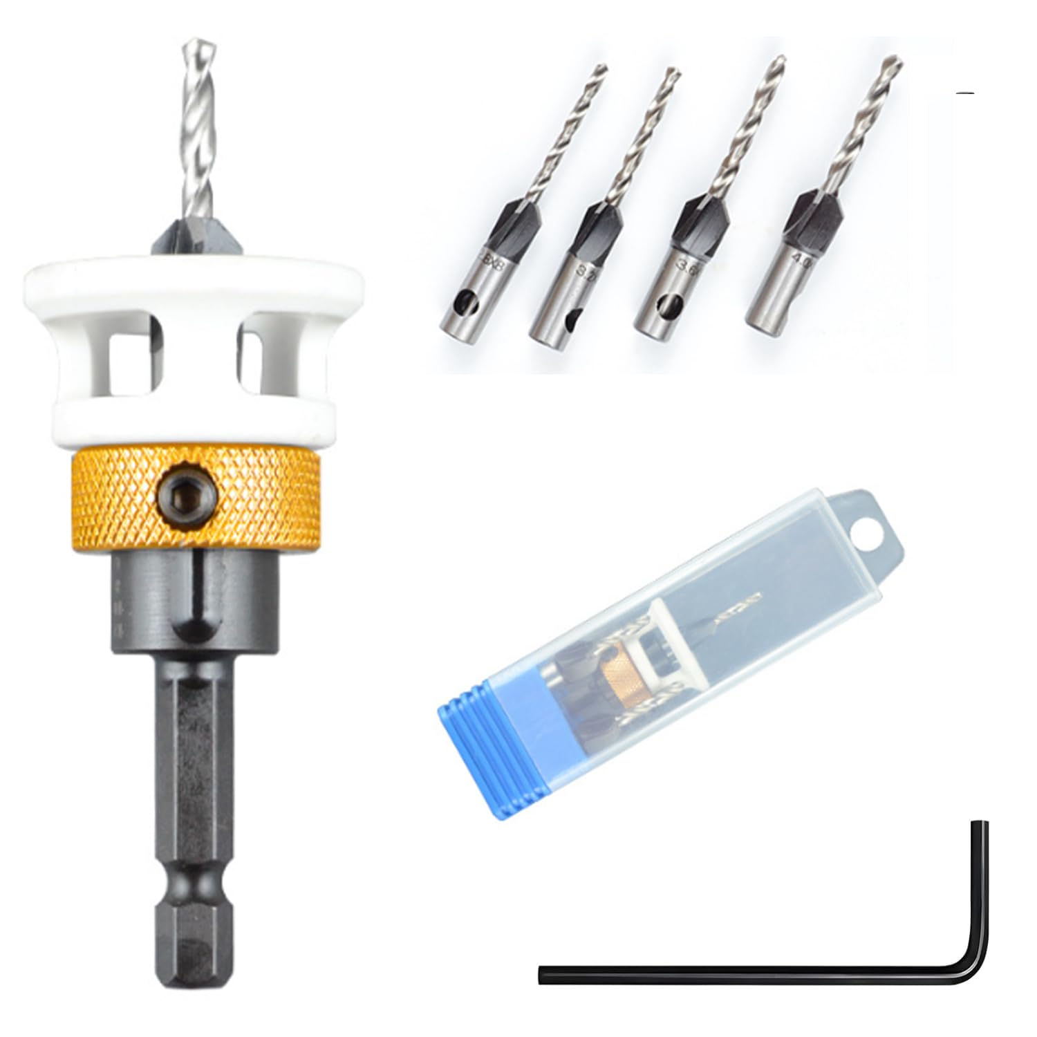 4-Piece Countersink Drill Bit Set, Countersink with Depth Stop, Countersink Wood Drill Bit with 1/4 Inch Hex Shank