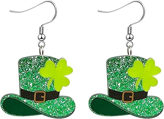 St. Patricks Day Earrings for Women,Irish Shamrock Acrylic Dangle Earrings, Green Hat Clover Horseshoe Drop Earrings for Irish Festival