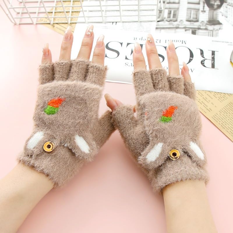 Women Winter Cute & Soft Cozy Half-finger flip Gloves -Beige - Image 2 thumbnail