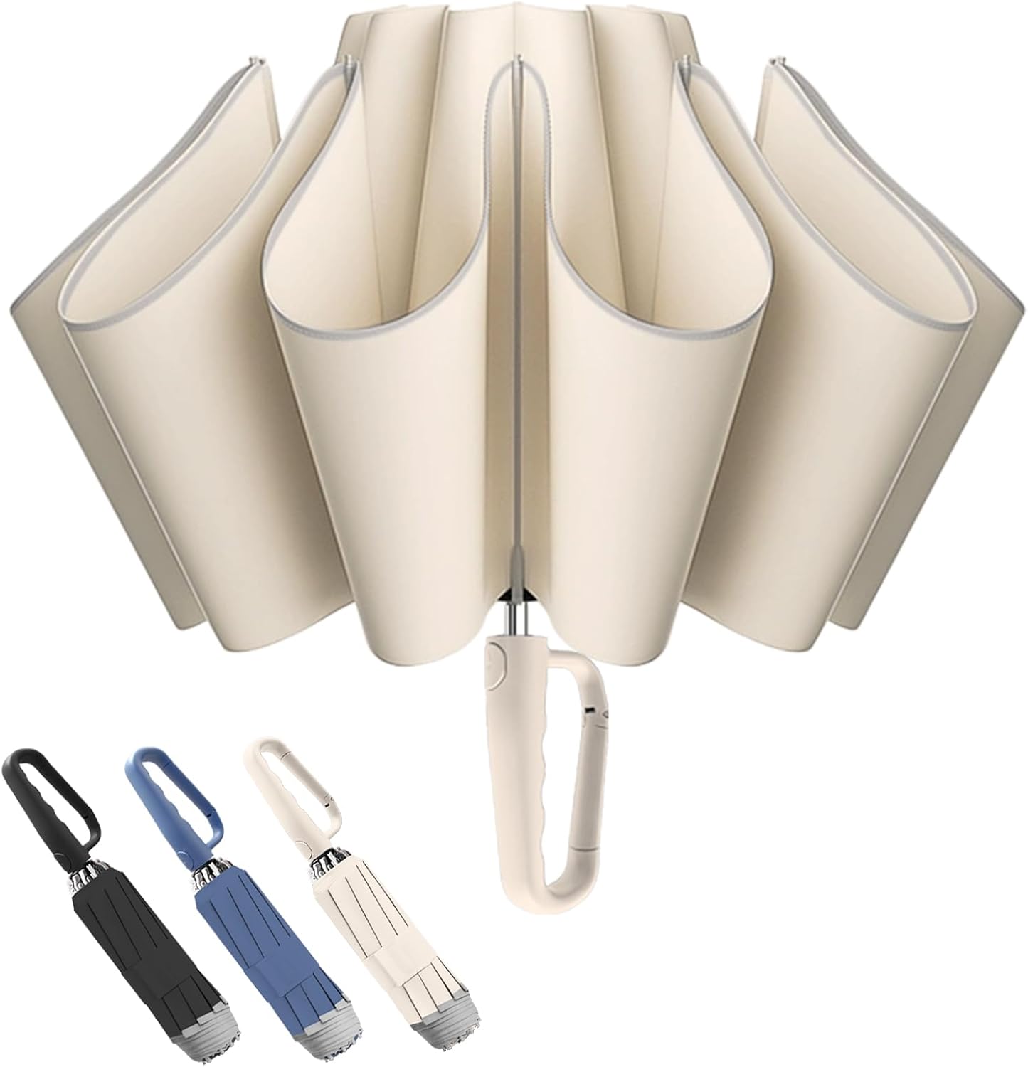 50in Inverted Folding Travel Umbrella – Windproof 10Ribs Upside Down Umbrella with Carabiner Handle, Rain Sun Protection for Women Men (Black)