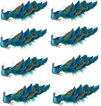 11" Blue Peacock Christmas Ornaments with Clip, Closed Tail Feather Bird with Glitter, Decor Set for Christmas Tree 8 Pack