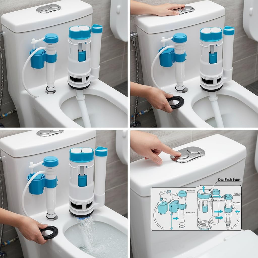 Sistema de descarga de inodoro de repuesto, Wieat Kit de cisterna de inodoro de doble descarga, botón pulsador para baño doméstico, válvula de llenado ajustable azul, adecuado para depósitos con una