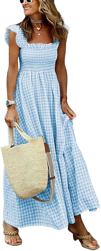 chouyatou Womens Retro Plaid Smocked Dress Spaghetti Strap Flounce Long Dress