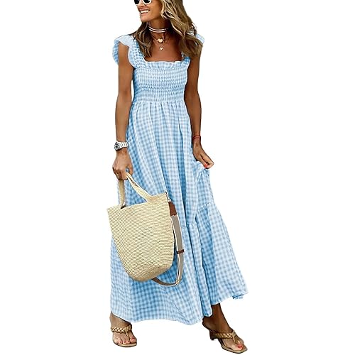 chouyatou Women's Retro Plaid Smocked Dress Spaghetti Strap Flounce Long Dress