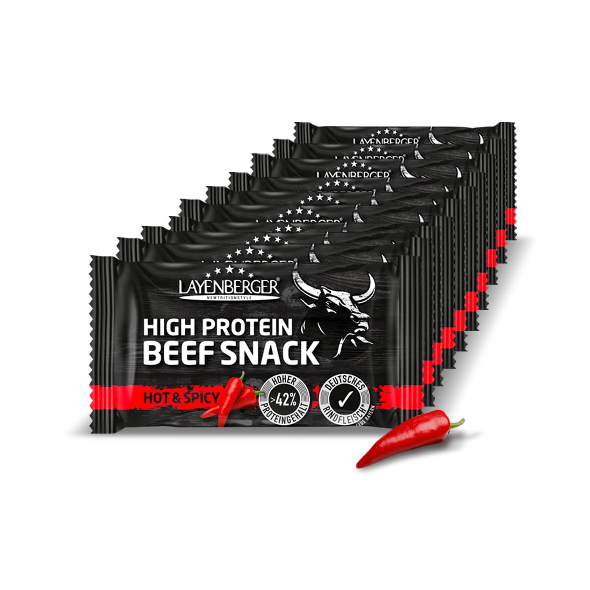 Layenberger High Protein Beef Snack - Protein Snack aus deutschem Rindfleisch - 10er Pack (10 x 35 g) - Hot & Spicy