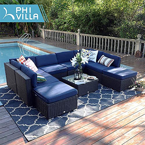 Phi Villa 9-Piece Outdoor Rattan Sectional Sofa All Weather Patio Wicker Furniture Set Lawn Conversation Sets Cushioned Garden Sofa Set (Blue) #TOP2