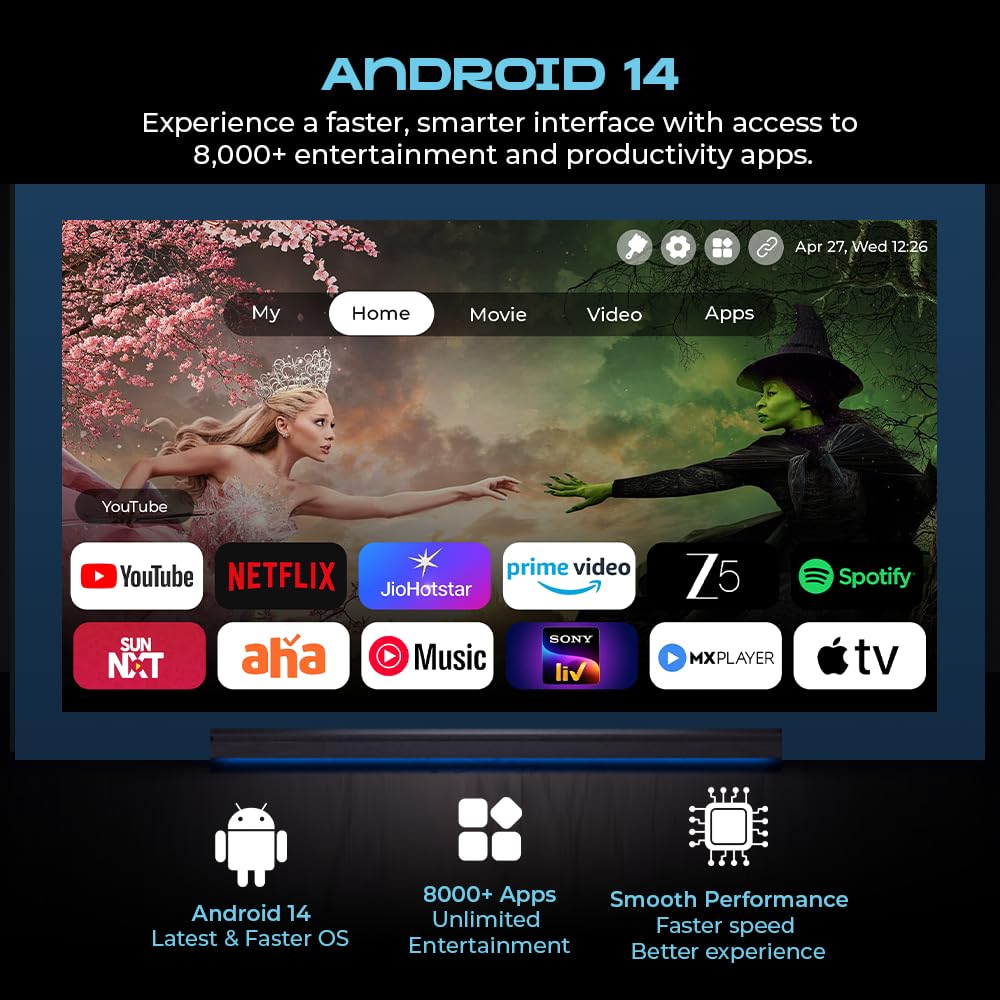 WZATCO Lunar Fully Automatic Native 1080P Android 14 Projector 4k Ultra HD for Home | Sealed Engine | 750 ANSI | ARC | Dual Speakers — Amazon image 7