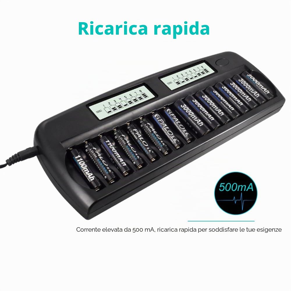 CITYORK Caricatore rapido a batteria – Protezione IC integrata con display LCD – per batterie AA AAA NI-MH, con 16 batterie AA 3000 mAh NiMH, valigetta batteria