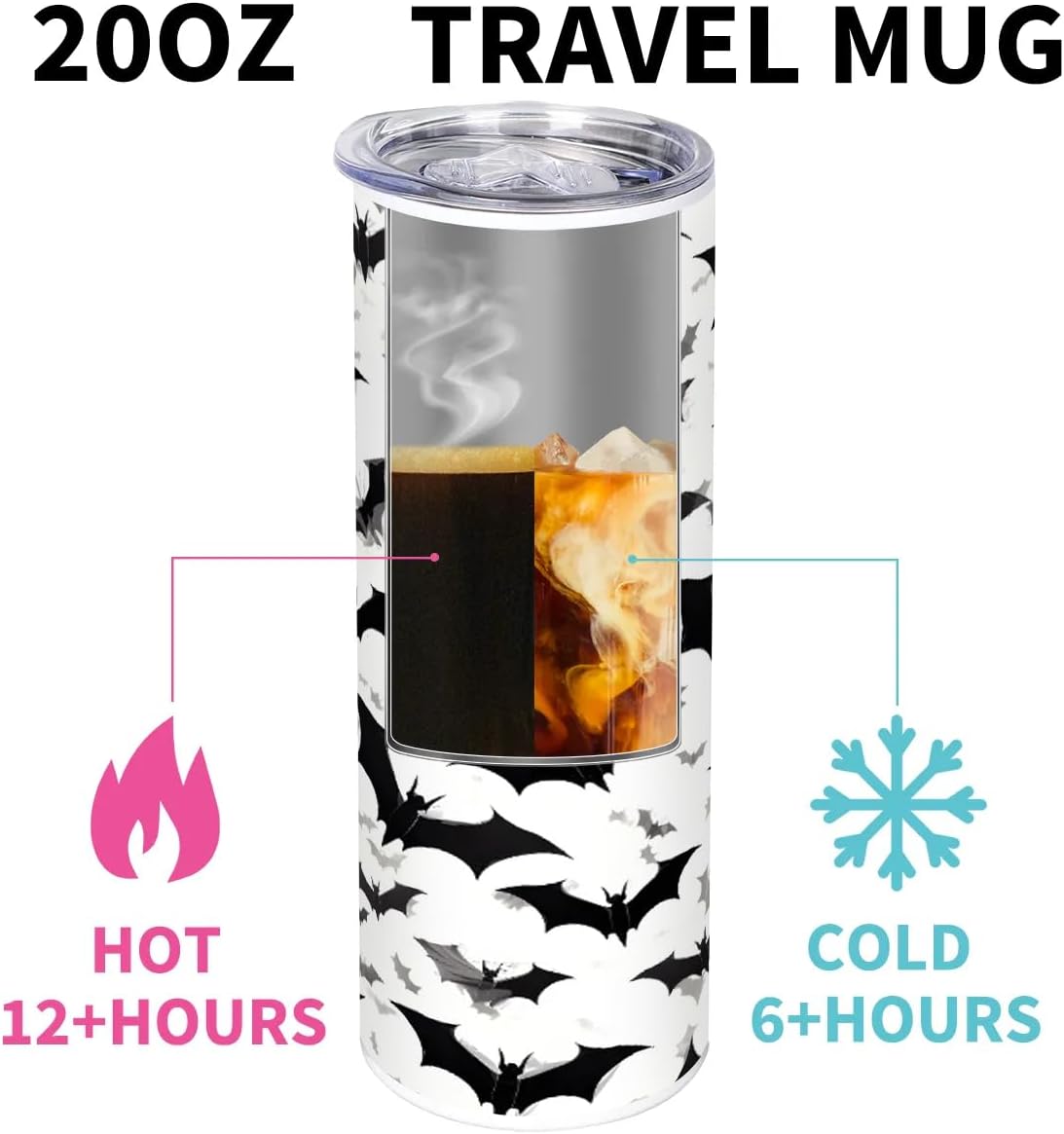 Halloween Bat 20 oz Stainless Steel Tumblers Double Wall Iced Coffee Cups with Lids and Straws Thermal Cups for Hot and Cold Drinks
