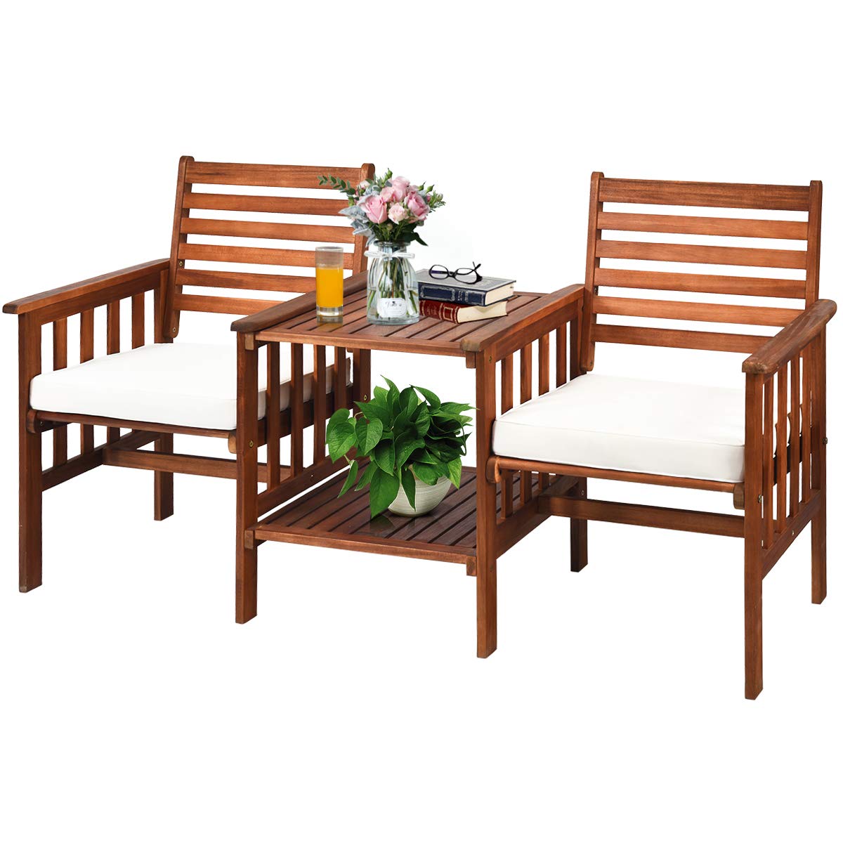 COSTWAY Asiento de 2 Plazas de Madera de Acacia, Juego de 3 Piezas de Sillas y Mesa para Exteriores, Conjunto de de Conversación para Patio con Cojines Blancos, Juego de Muebles para Jardín (Blanco)