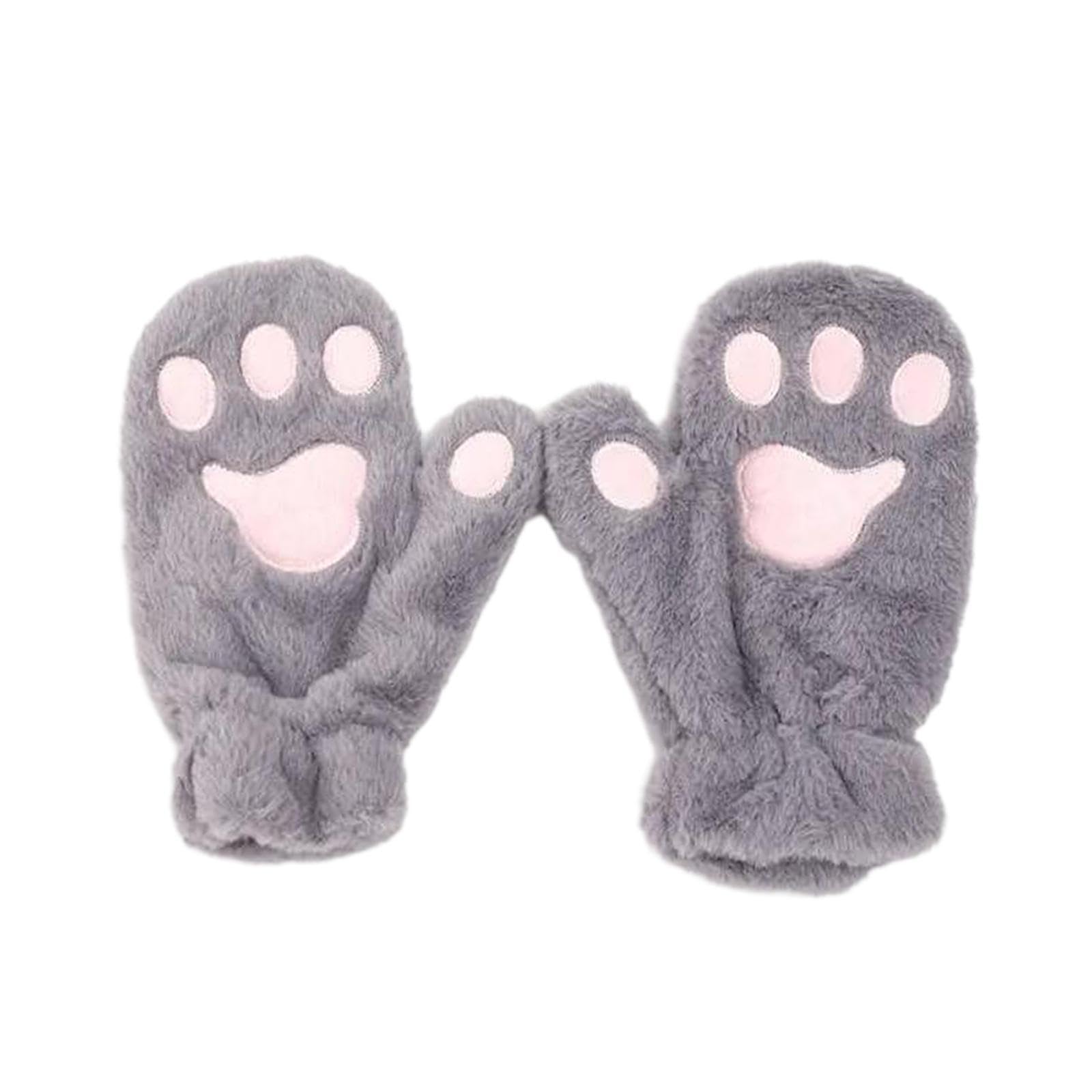 Women Gloves Mittens Sports Riding Faux Fur Cartoon Paw Gloves Grey-image-15