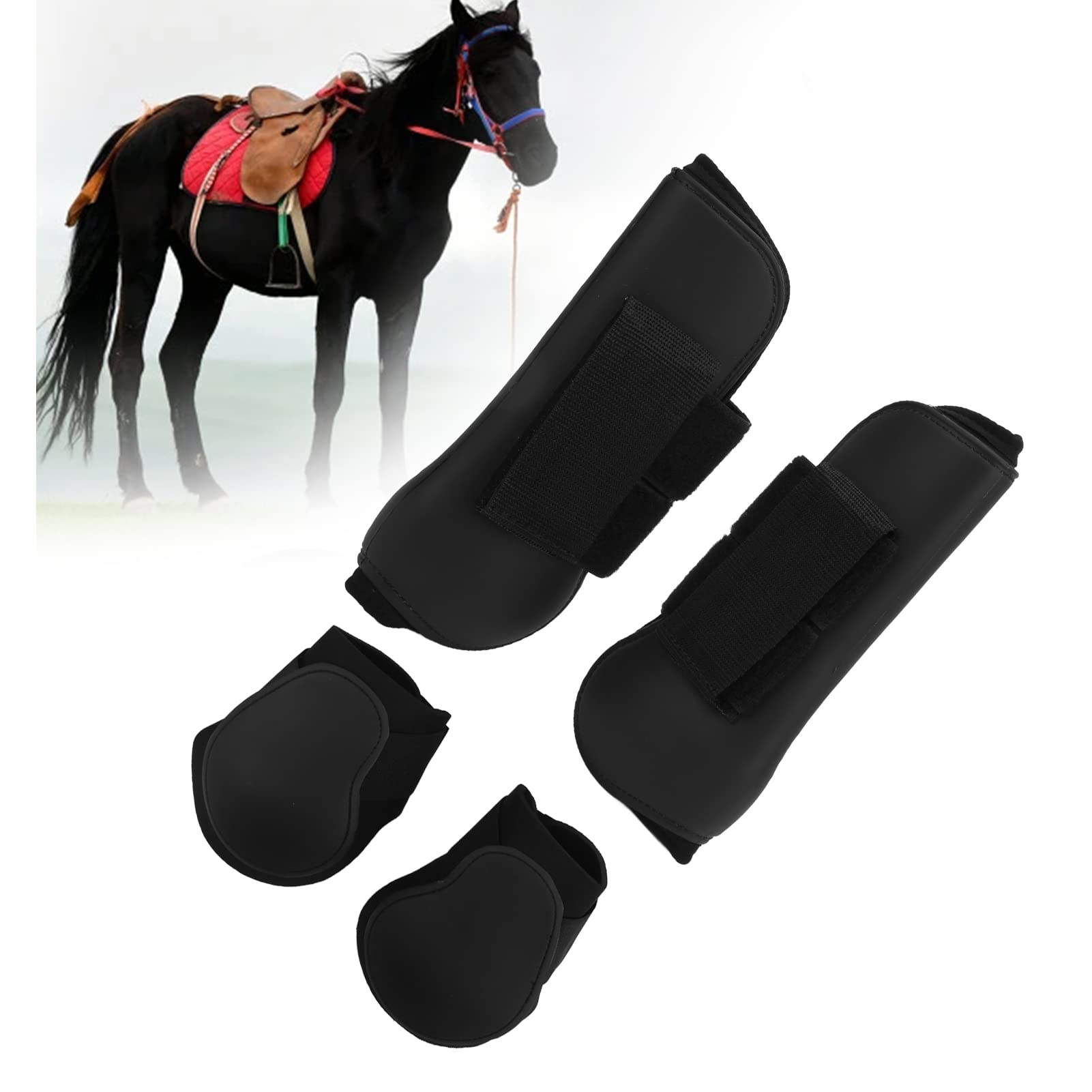 Qukaim Juego de 4 protectores de patas de caballo, protectores de patas delanteras y traseras de poliuretano con almohadilla interior, color negro, protección para patas de caballo