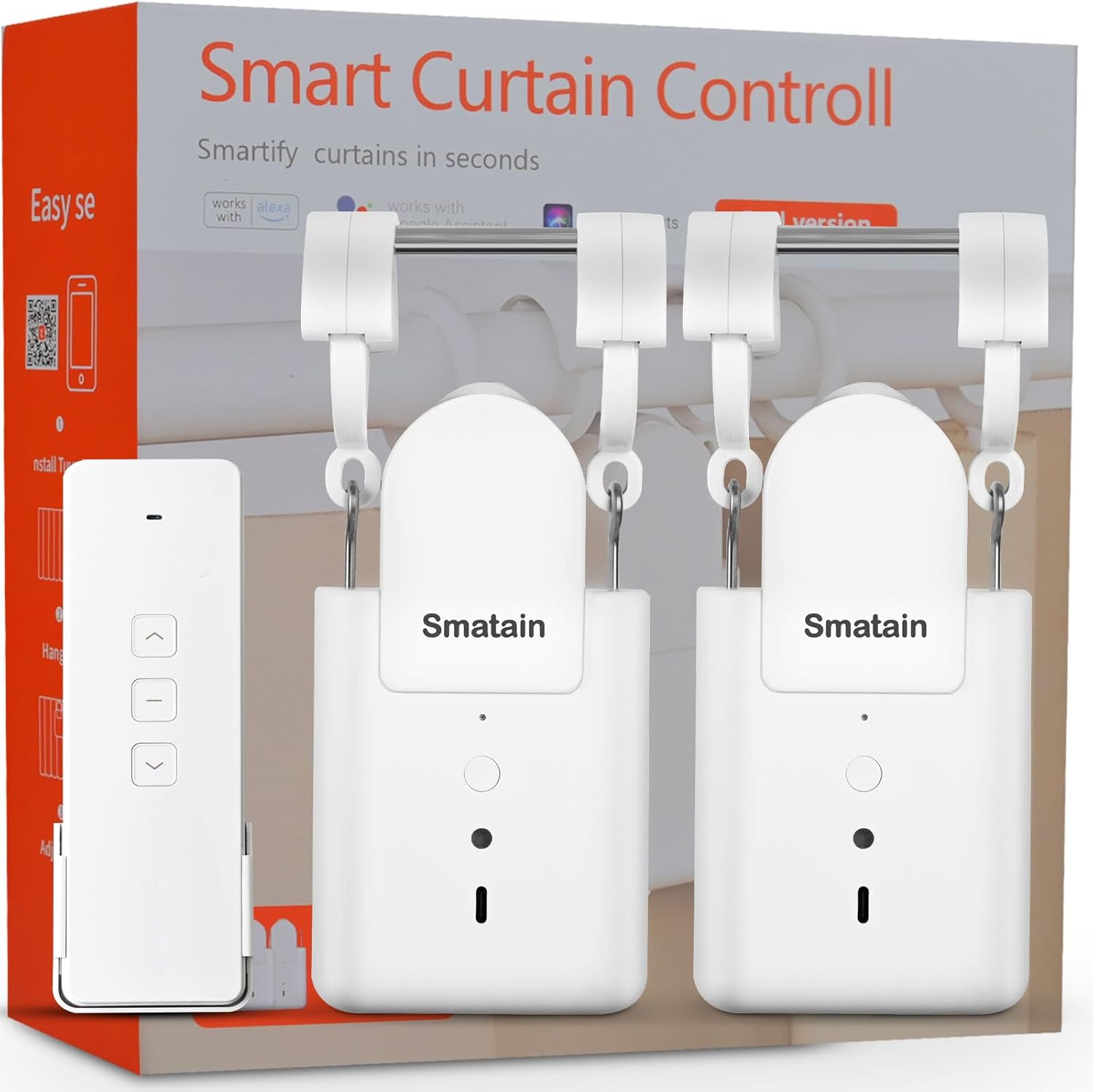 Smatain Smart Curtain Control Openr, Remote Control Curtain Robot, WiFi Enabled Motorized Curtain Rod Controller, Compatible with Alexa and Google Assistant, White, Easy Setup - 2 Piece Set