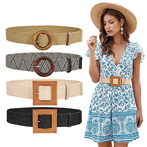 Set of 4 Women Skinny Elastic Dress Belt, Straw Woven Stretchy Waistband Fashion Wooden Style Buckle (Black+Beige+Stripe+Khaki,Waist Size Below 35 Inch)
