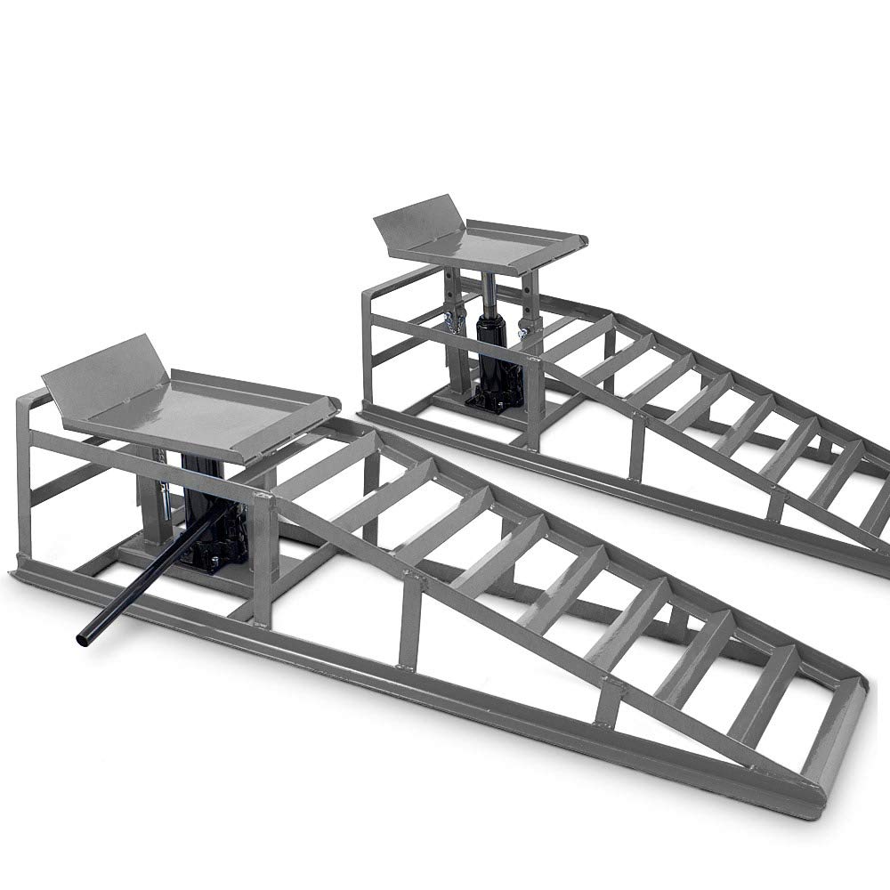 BITUXX® 2 Stück Auto PKW KFZ Auffahrrampen Set mit Wagenheber hydraulisch Höhenverstellbar Wartungsrampe Hebebühne Rampe Auffahrrampe Auffahrbock in Dunkelgrau
