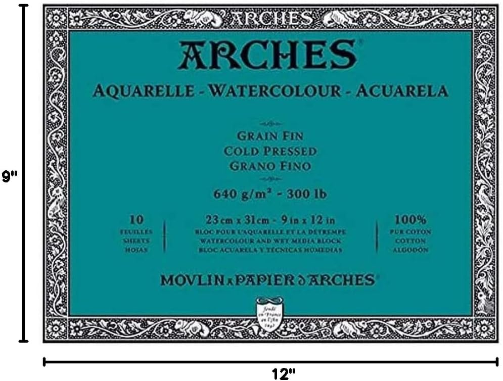 Arches Aquarelle – Block of 10 Sheets 23 x 31 cm Glued on 4 Sides – 640 g/m² – Satin Grain, Natural White, 4 Free Edges