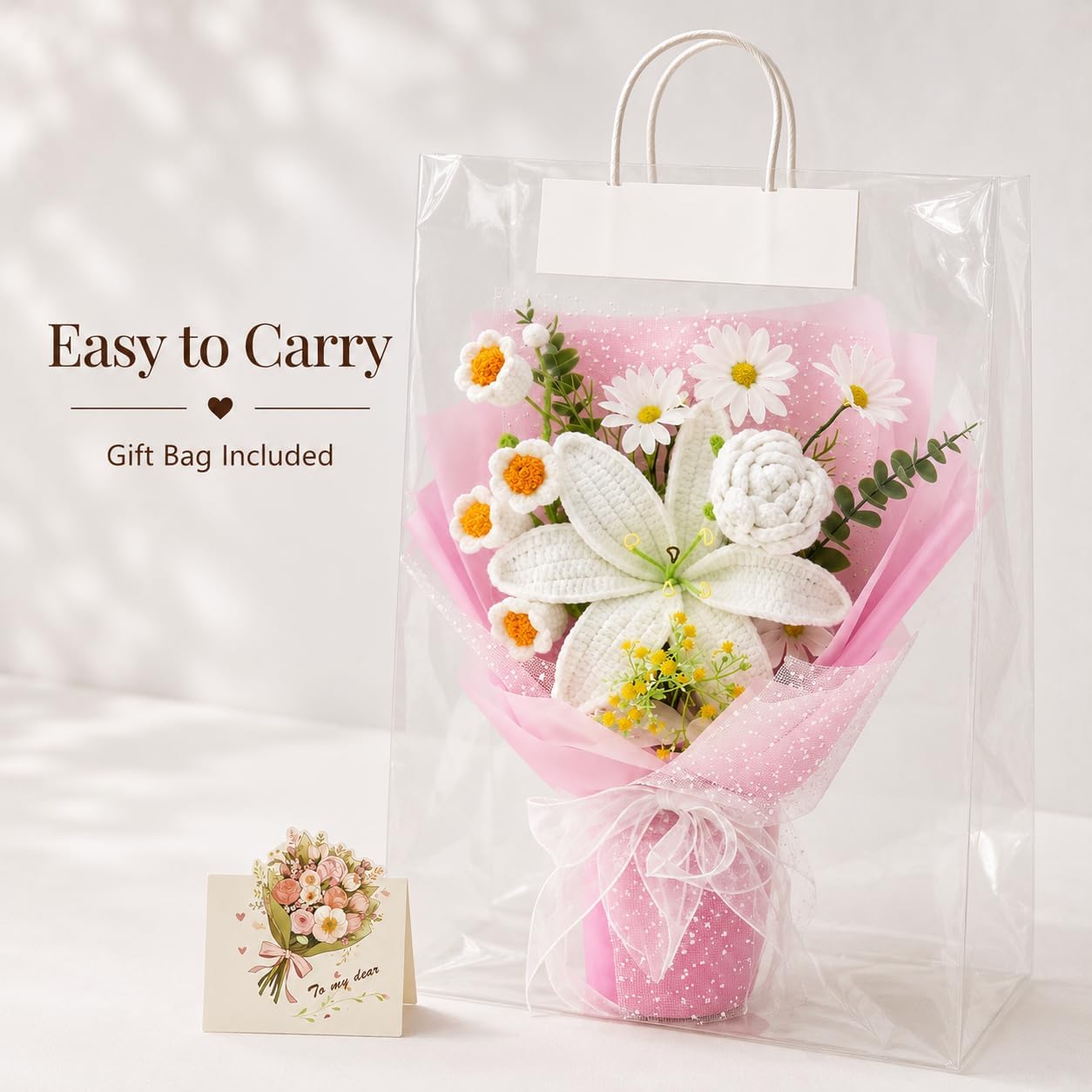 Crochet Flowers, Crochet Flower Bouquet, Pink Handmade Knitted Lily Flowers | Valentine’s Day Anniversary Wedding Birthday Mother’s Day Graduation Gifts(with Card)