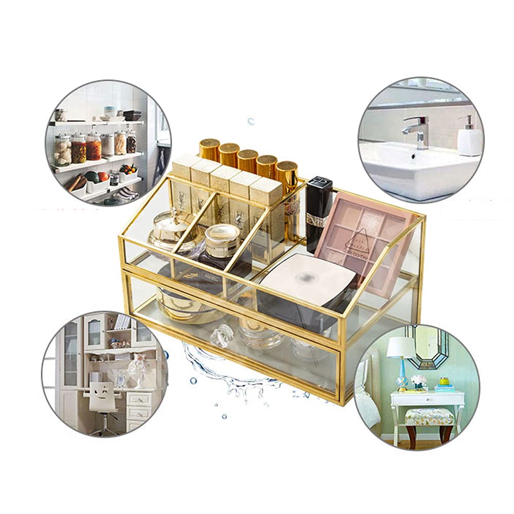 YUEHUA Organizador de cosméticos de vidrio transparente de latón y metal, organizador de maquillaje de vidrio para encimera de baño y tocador