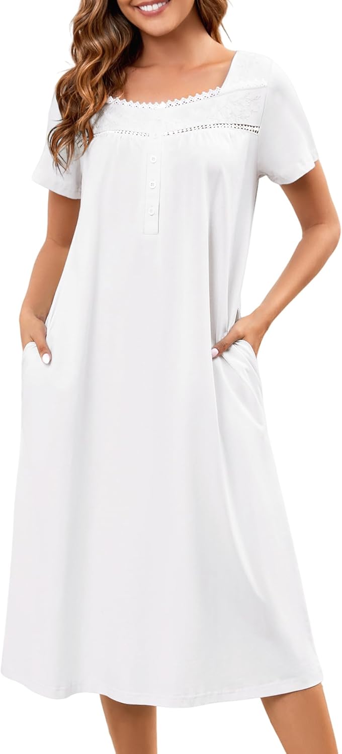 Bloggerlove 100% Cotton Nightgowns for Women Embroidery Pleated Button House Dress Long Moomoo Nightgown with Pockets