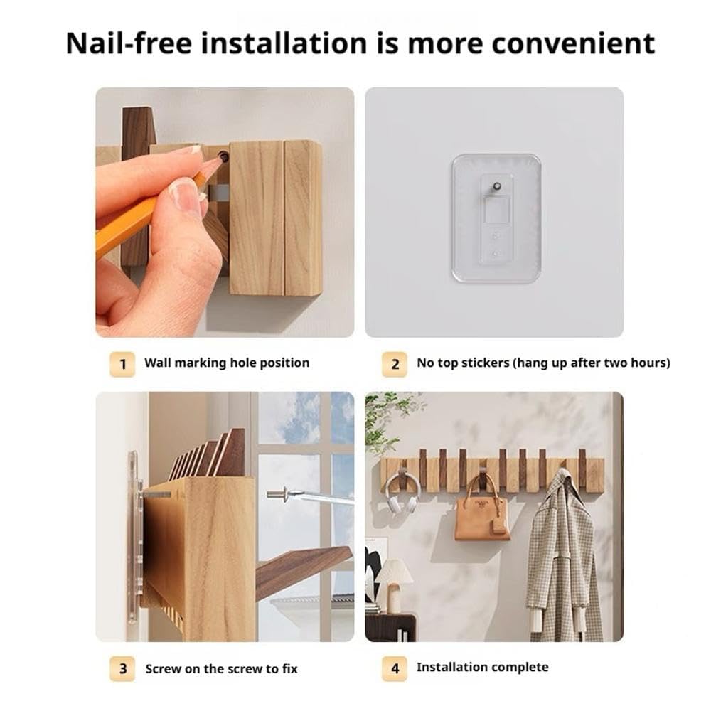 Perchero de pared de madera de nogal, ganchos en forma de piano para colgar bolsas y ropa, 4 ganchos, ideal para organización de entrada o pasillo