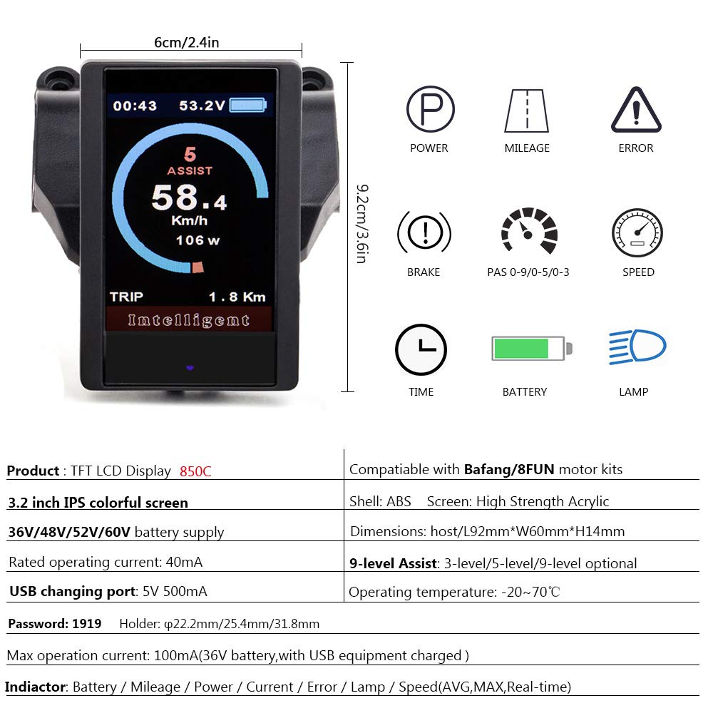 Écran LCD C965 Pour Vélo Électrique Bafang – Compatible BBS01B BBS02B 36V/48V, Affichage Batterie Vitesse Distance Puissance