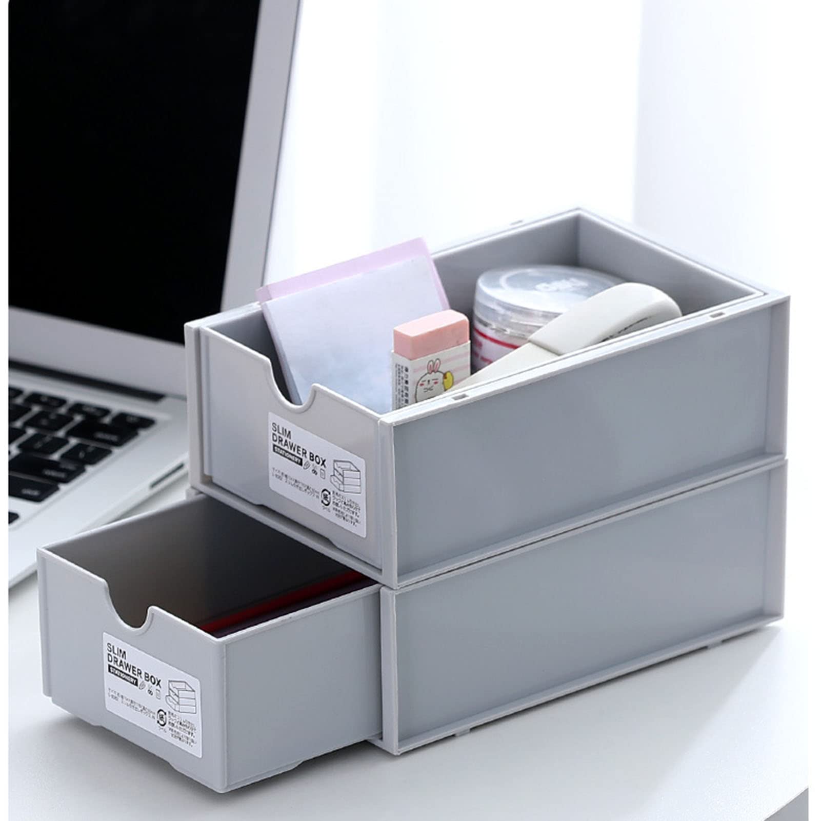 Scatola portaoggetti da scrivania, in plastica, organizer per trucchi, articoli di cancelleria, scatola portaoggetti con cassetto (grigio