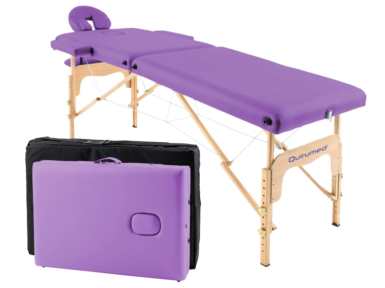 QUIRUMED Camilla de Masaje Plegable de Madera Easy, Color Morado, 182 x 60 cm, Polipiel, Portátil, Ligera Cabezal extraíble, Orificio Facial, Altura Regulable, hasta 120 kg