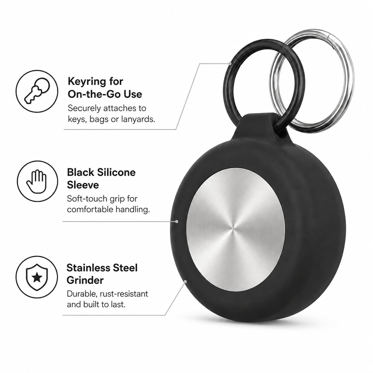 Edelstahl Grinder Travel ⌀ 42 mm – 2-teiliger Mini Grinder aus Edelstahl mit schwarzer Silikonhülle & Karabiner – kompakt, robust, stilvoll für unterwegs