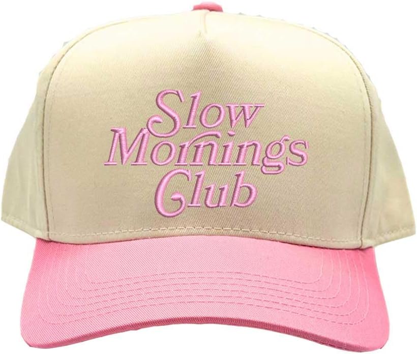 Slow Mornings Club Two Tone 5 Panel Embroidered Baseball Hat (US, Alpha, One Size, Natural/Light Pink)