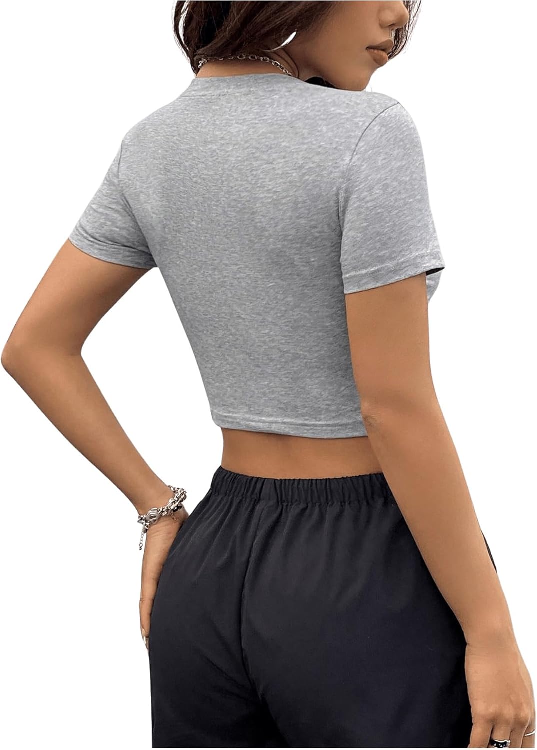 WDIRARA Women's Letter Print Cut Out Ripped Crop Tee Tops Short Sleeve Round Neck Fitted T Shirts - Image 2