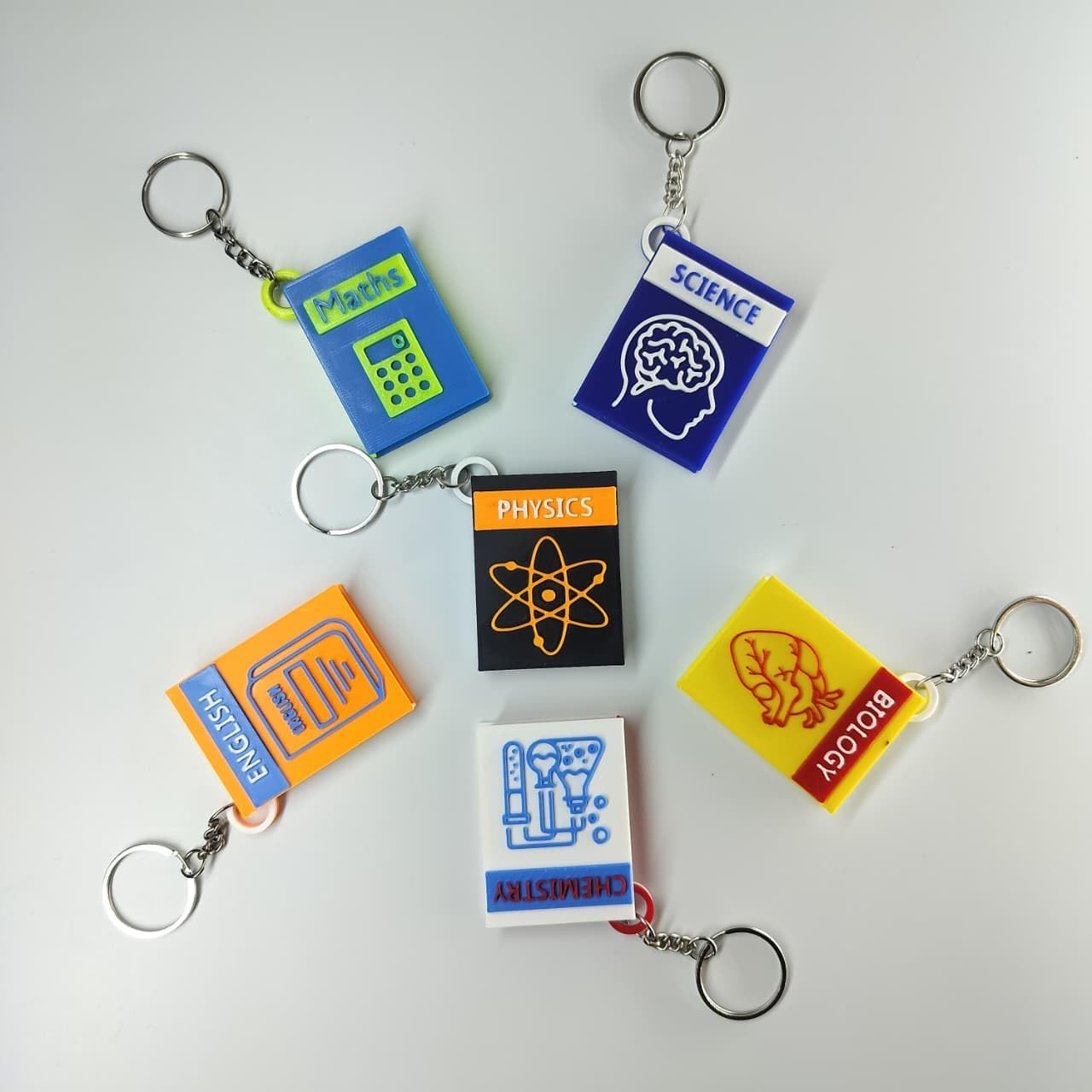 Academic Subject Book Keychains Set, 3D Printed Mini Book Design, Science Math English Physics Chemistry Biology Theme, Educational Novelty Accessories, Metal Ring