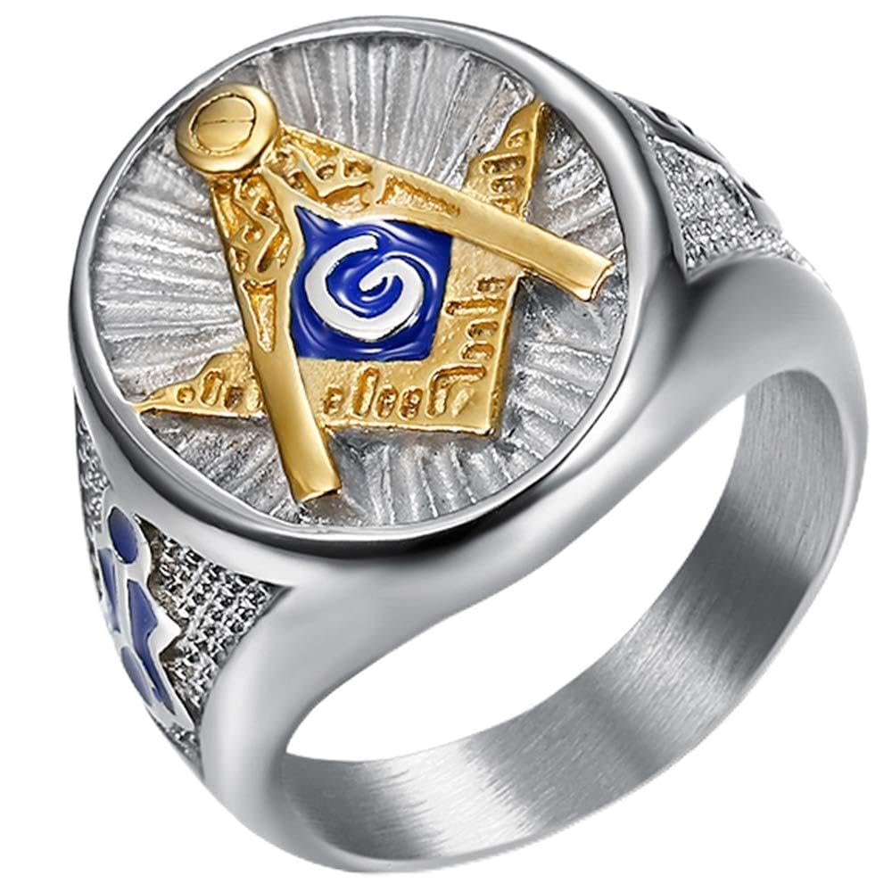 Jewelers Stainless Steel Blue Gold Two Tone Masonic Master Mason Ring