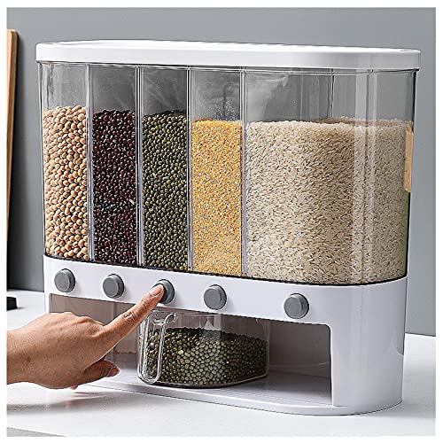 5-Grid Rice Dispenser Wall-Mounted Dry Food Dispenser Multi-function Separate Grain Storage Container Automatic Rice Bucket with Lids