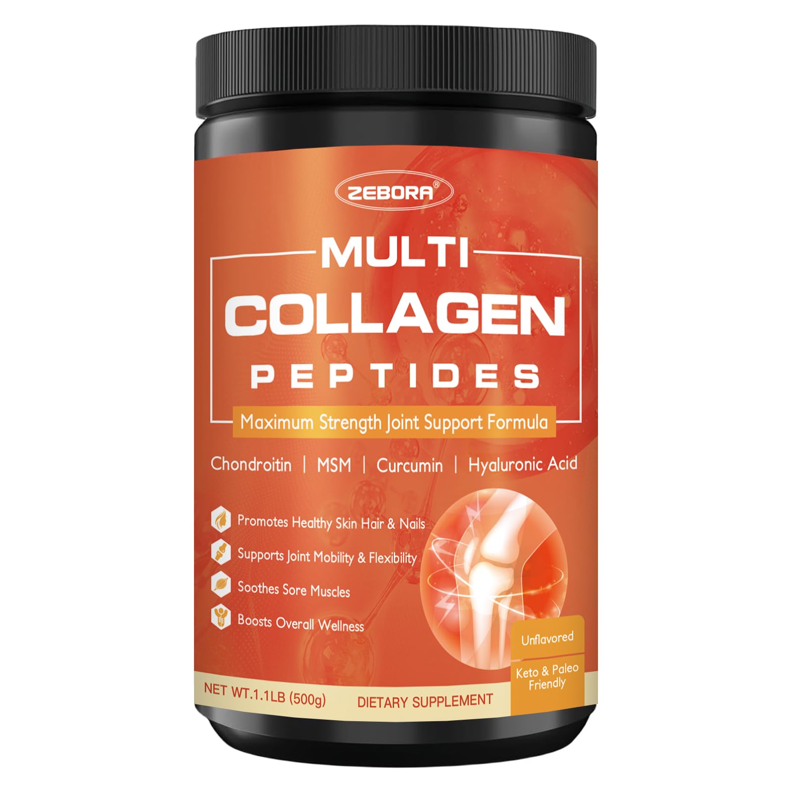 ZEBORA Multi Collagen Peptides Powder with MSM & CS