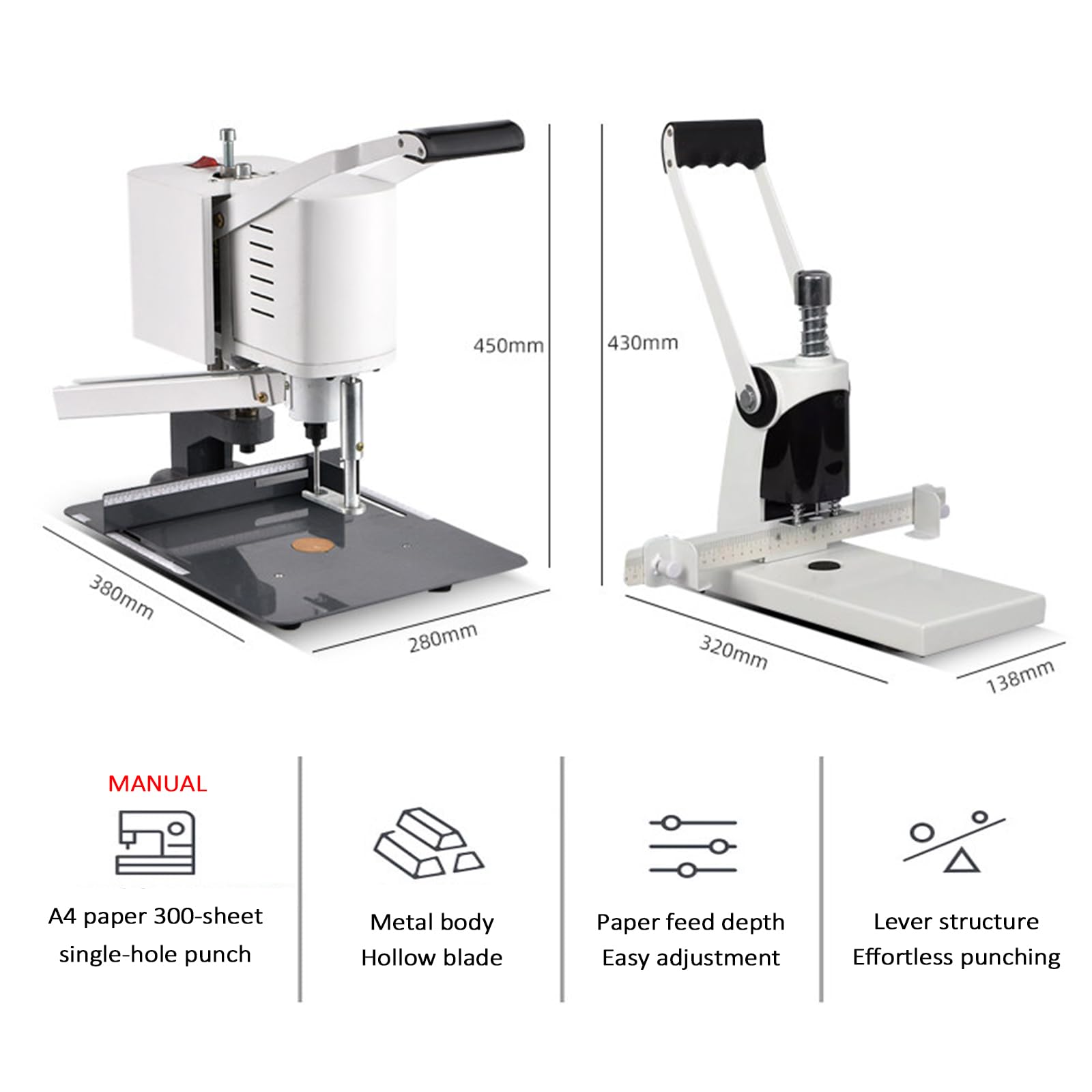 Perforatrice Manuale/elettrica a Foro Singolo, Perforatrice Ad Alta capacità da 30/45 Mm, con 6 Punte, Perfora Fino a 300 Fogli di Carta A4 da 80 G, per Casa, Scuola O Ufficio