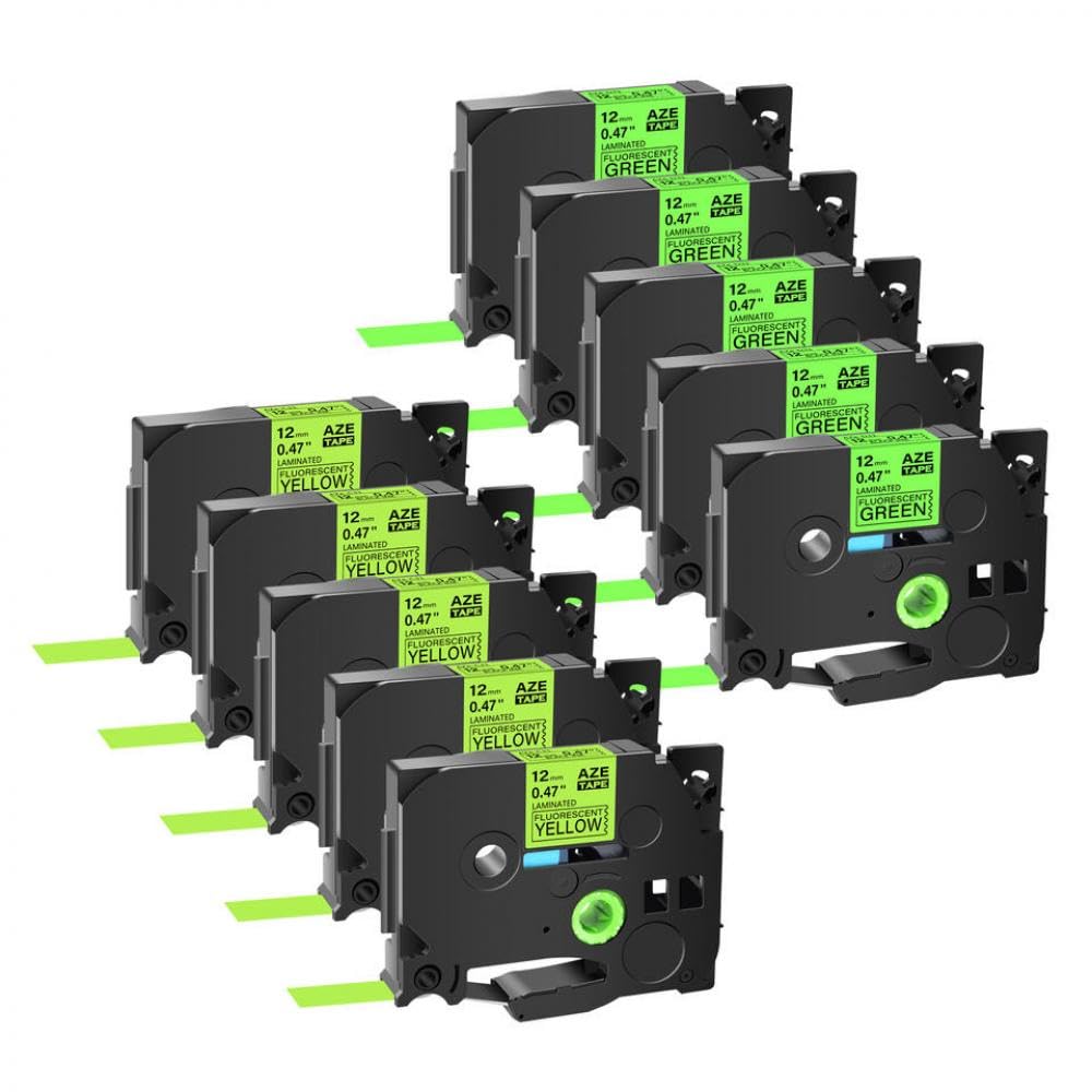 Nastro for etichette fluorescente compatibile con stampante for etichette TZE-C31 TZ D41 10 pezzi nero su giallo più nero su verde 9-18 mm