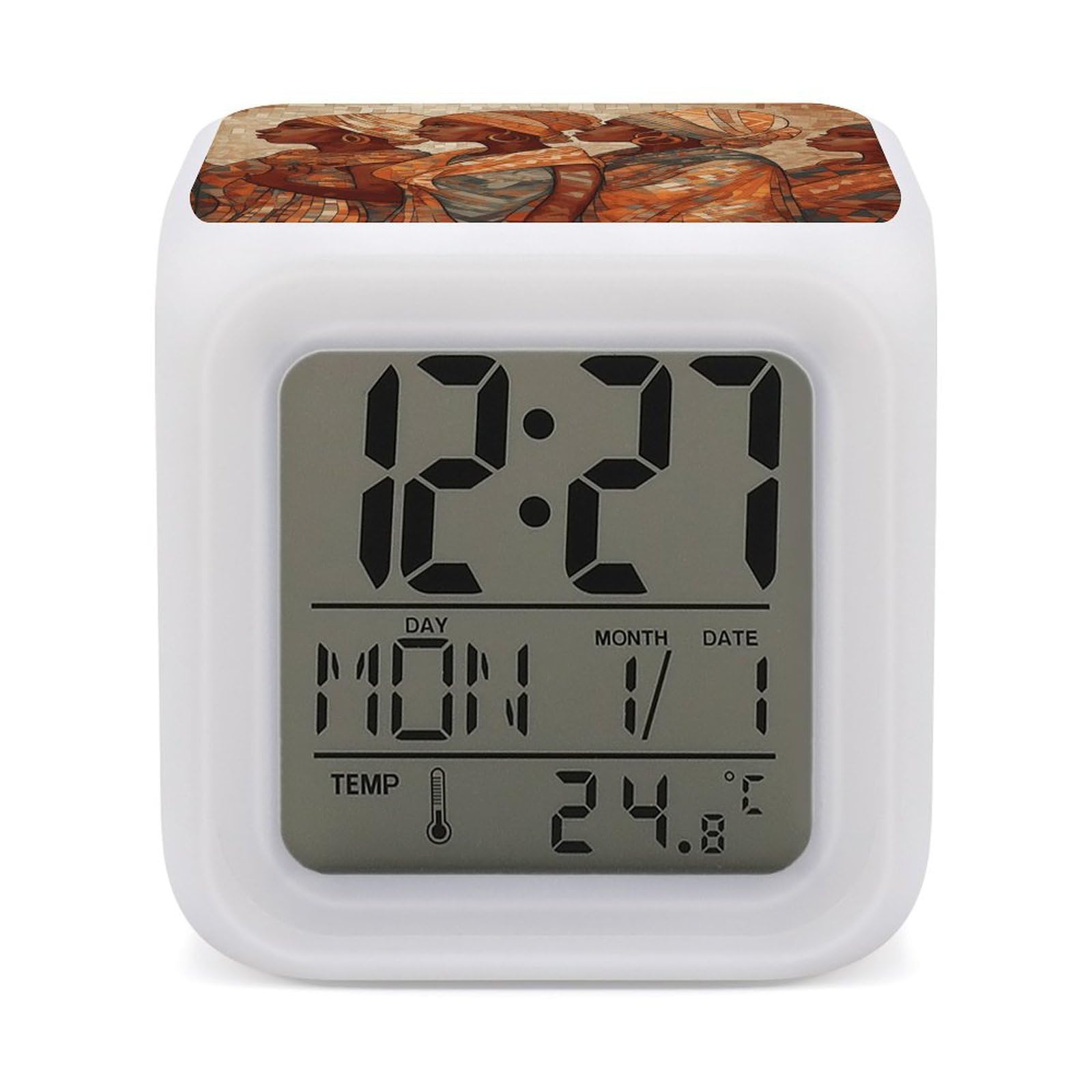 VstaDank Africa Ethnic Pottery Alarm Clock with 7 Color Changing Night Light Date Temp Display Wake Clocks LED Display Digital Clock Electric Desk Clocks for Living Office Bedroom Decor