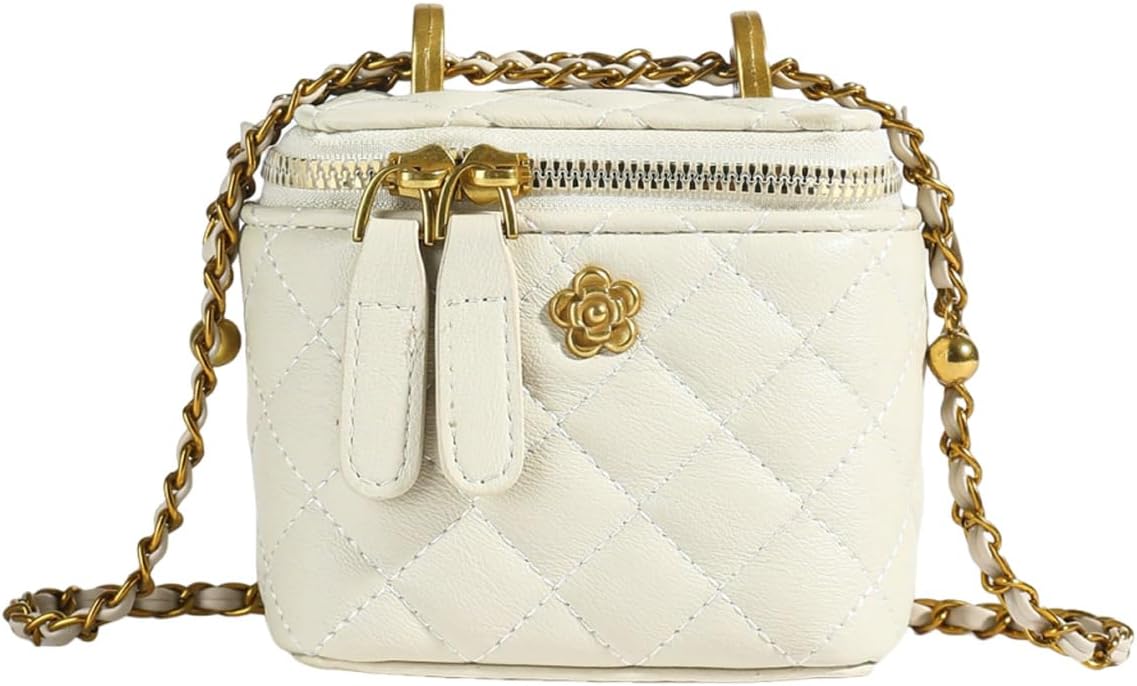 Mini Quilted Leather Crossbody Bag with Chain Strap Women's Top Handle Bucket Square Box Bag for Women (Beige white)
