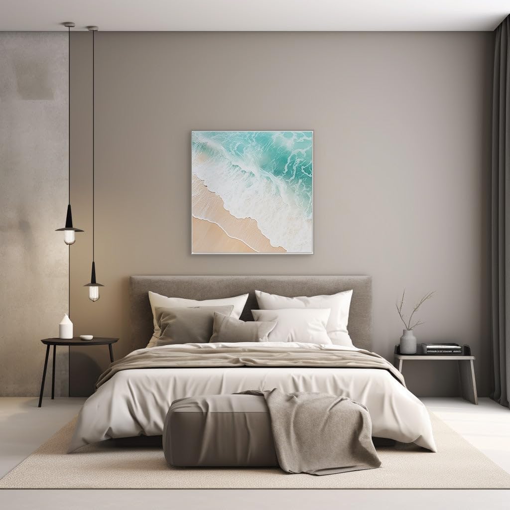 Canvas for Living room. Serenity by the Shore: A Tranquil Beach Oasis Captured in Square Splendor, 27 x 18 inch Canvas Wall Art - Contemporary Masterpieces - Modern Home Decor