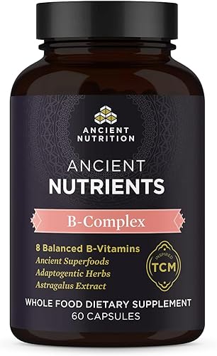 Ancient Nutrition Suplemento de complejo de vitamina B, 8 vitaminas B equilibradas, apoya niveles de energía saludables, hierbas adaptogénicas,