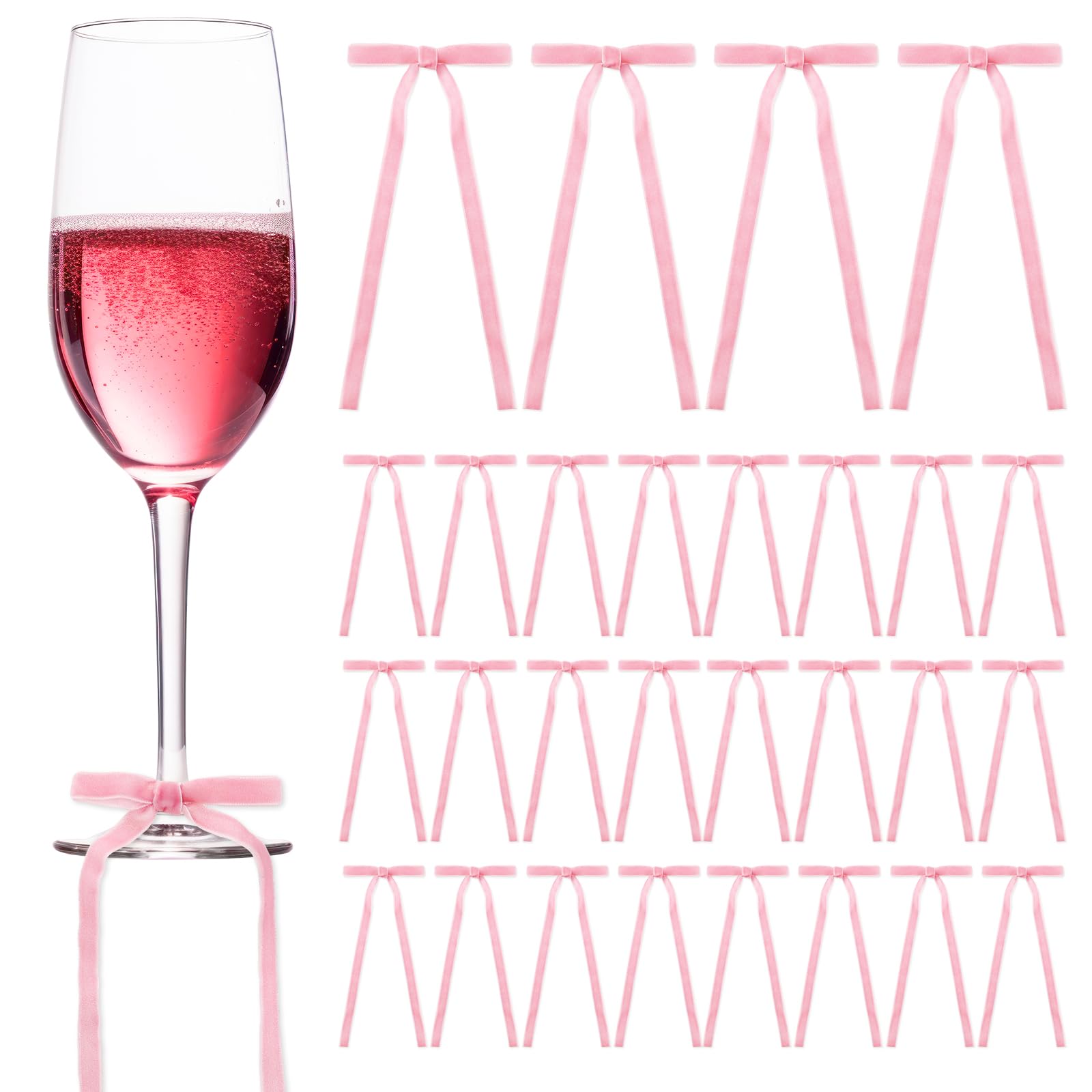 FYSUIMU 24Pcs Pink Bow Drink Markers Coquette Birthday Decorations Cute Bowknot Velvet Wine Glass Cup Decor Cocktail Drink Stem Glass Identifiers Tags for Bachelorette Wedding Tasting Party