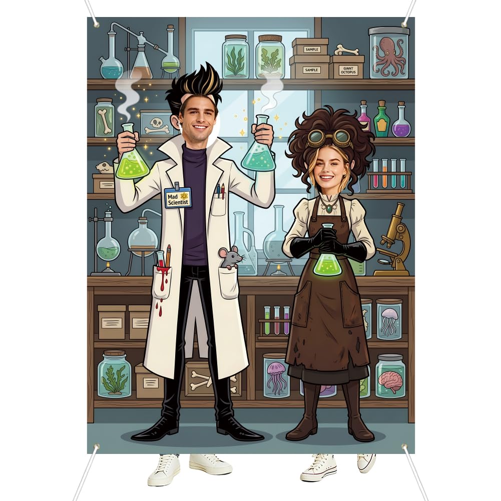 WADORN Mad Scientist Decor Backdrop, 6.6x4.9Ft Scientist Experiment Theme Party Banner Backdrops Scientists Photography Background Photo Booth Props for Indoor Outdoor Science Party Decor Supplies