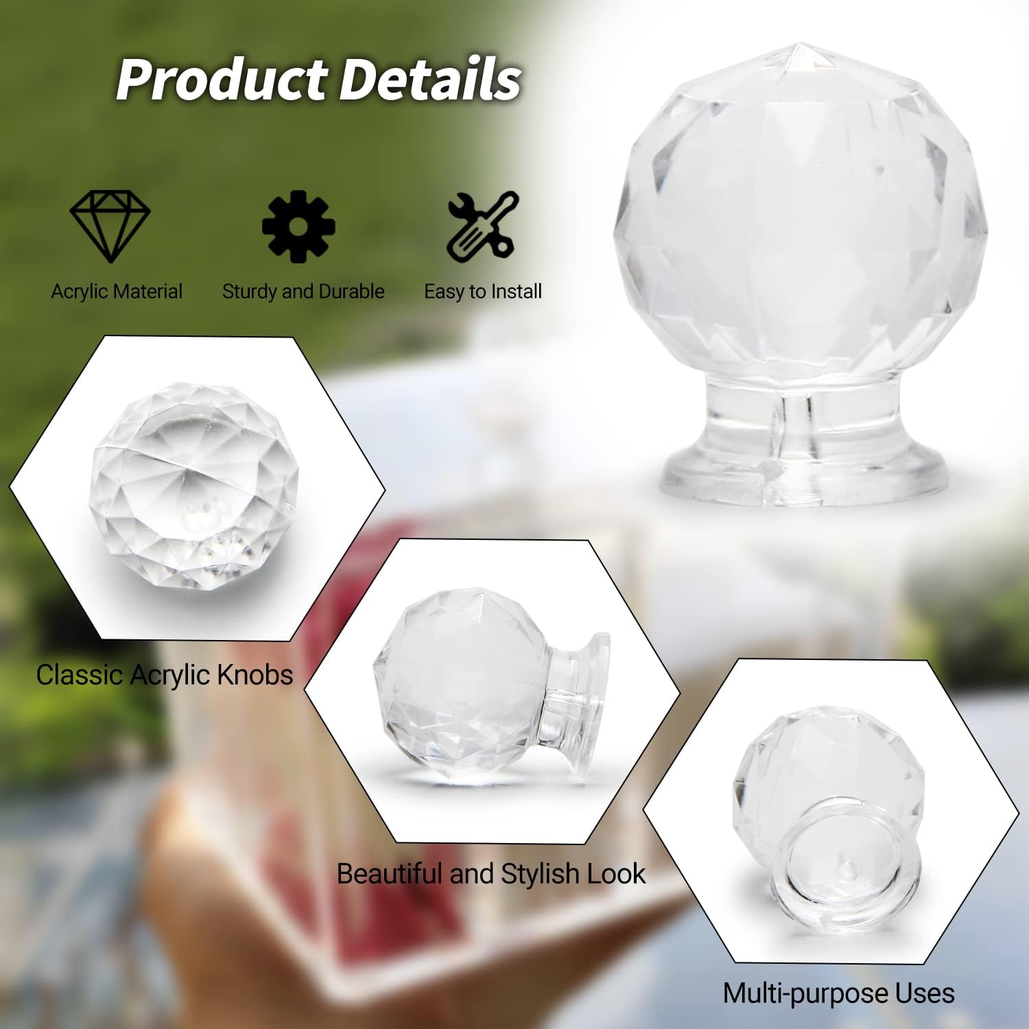 MroMax Tiny Pull Handle, Round Diamond Acrylic Knob, Self-Stick Mini Knobs, 17mm Diameter Small Size Knob Clear Shiny Knob, Cute Decoration for Jewelry Box, Gift Case and Makeup Box 2Pcs