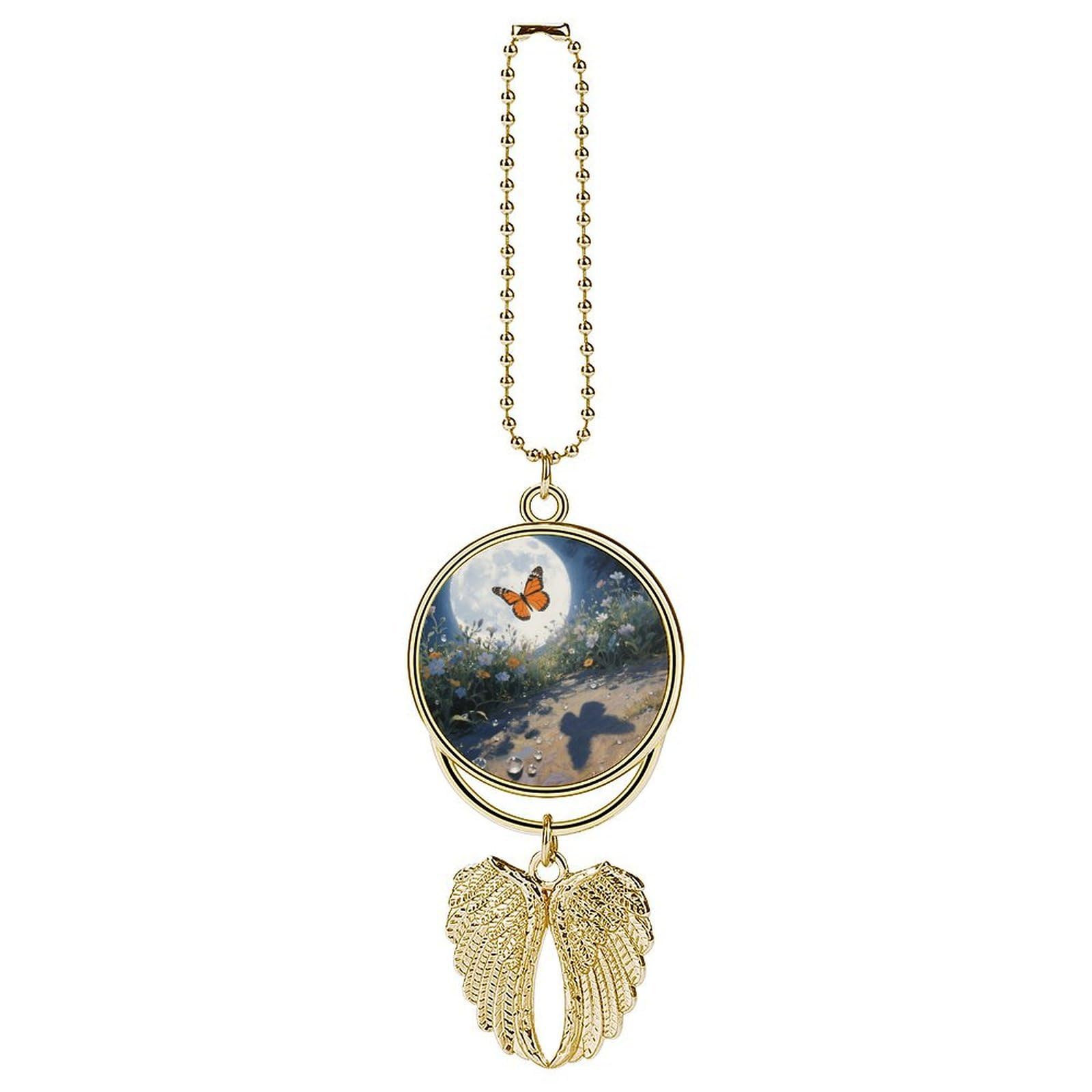 Orange Butterfly Moon Flower Car Pendant Car Rearview Mirror Pendant Custom Photo Car Hanging Ornament Car Rear View Mirror Hanging Accessories Angel Wing Car Charm Gift for Men Women