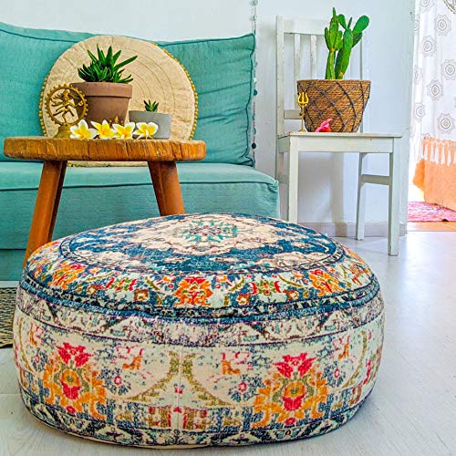 Mandala Life Art Bohemian Yoga Decor Floor Cushion Cover - 24X8 Inches - Round Meditation Pouf Case - Printed Cotton Rug Pillow #TOP6