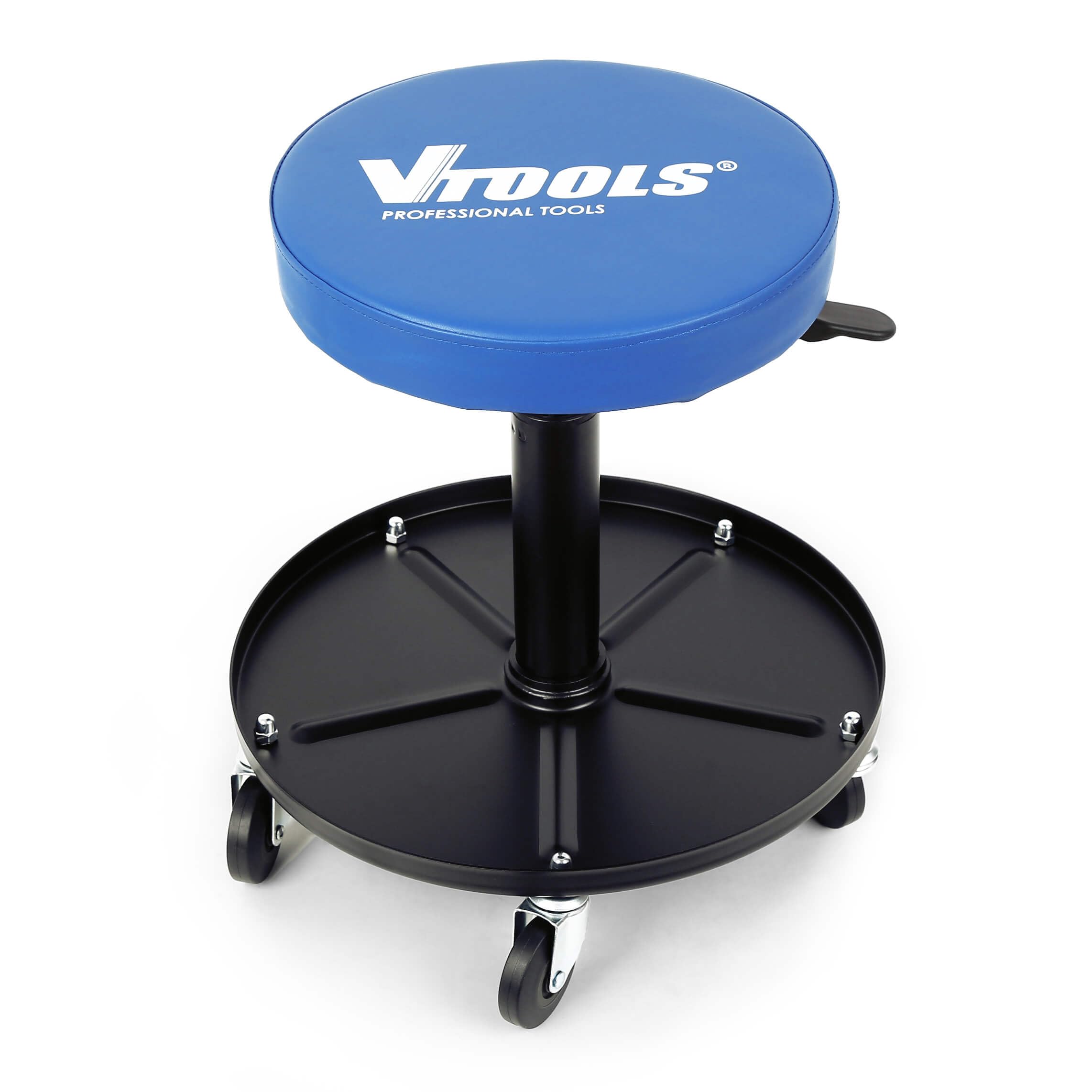 VTOOLS Adjustable Rolling Pneumatic Creeper Garage Shop Seat with Foam Padded Seat, 5-Wheel Base, 300lb Capacity, Ideal for Mechanics, DIY Enthusiasts, Workshop Use, Blue, VT5130
