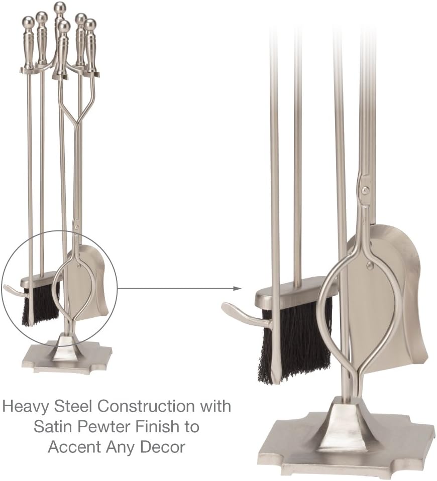 UniFlame 5-Piece Satin Pewter Fireplace Tools Set with Pedestal Place (F-7547)