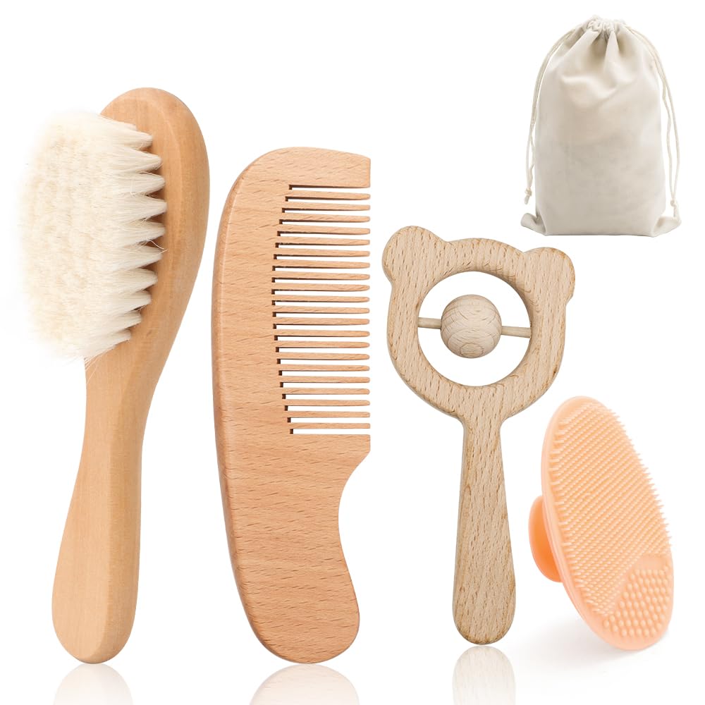 HUNGBAN 5 Pack Wooden Baby Hair Brush with Soft Goat Bristles for Newborns and Toddlers, Cradle Cap Care Kit, Baby Registry Gift Essentials