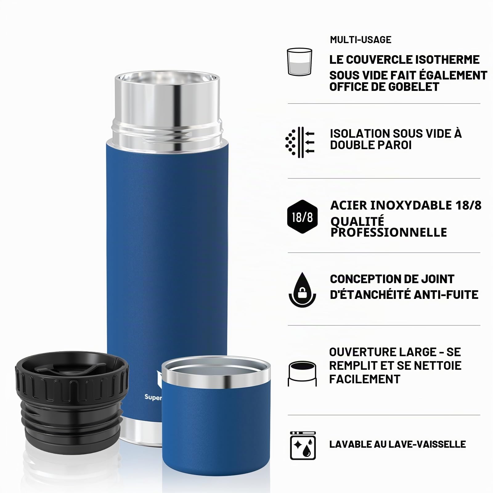 Super Sparrow Gourde Isotherme - 500ml/750ml/1000ml- Bouteille Isotherme - Gourde Inox Sans BPA - Couvercle étanche qui sert de Tasse - Maintient la Température 12/24h (Chaud/Froid)